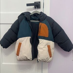 Zara Kids Color Block Puffer Jacket - Black, Teal, and Tan